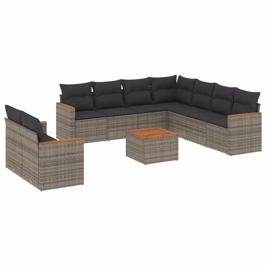 vidaXL Set Divano da Giardino 10 pz in Polyrattan Grigio con Cuscini e Tavolino da Caffè – 2