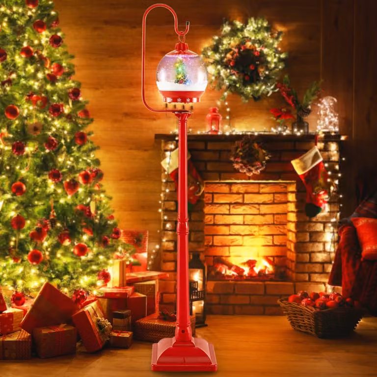 Lampione natalizio musicale Costway con globo di neve e albero rotante, Rosso, Altezza: 173 cm