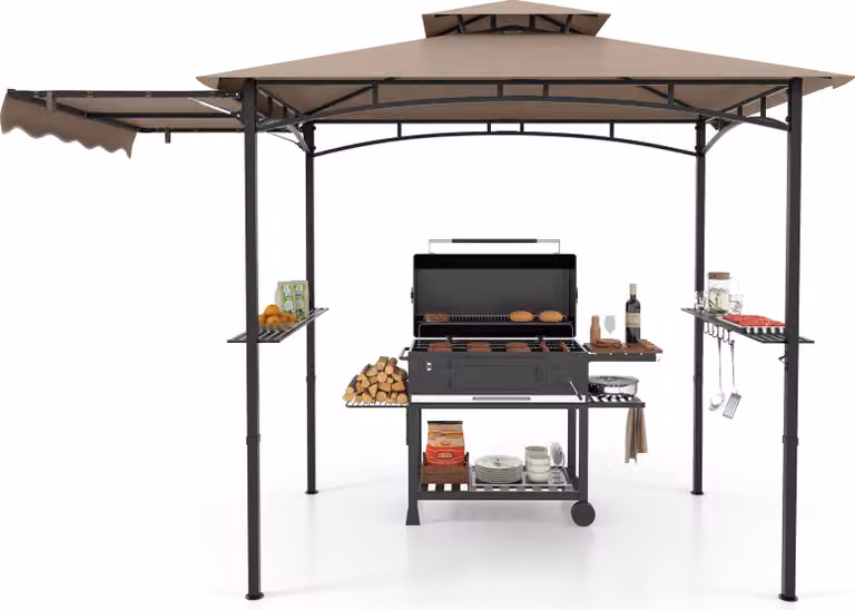 COSTWAY gazebo per barbecue con tenda laterale, doppio tetto, 2 ripiani laterali e ganci, gazebo per barbecue da giardino resistente alle intemperie 318x153x250cm Marrone