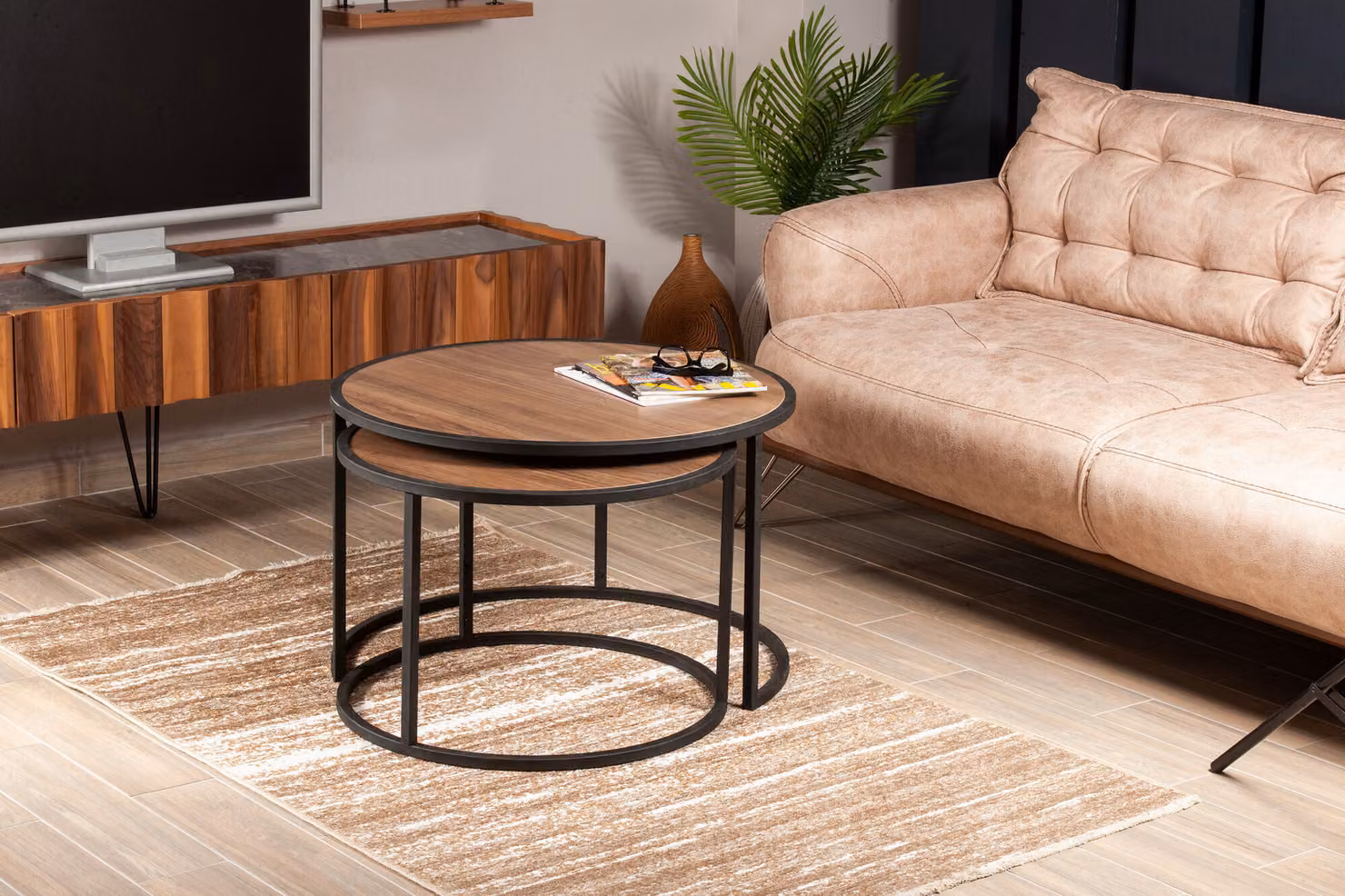 Skye Decor, Tambur- Tambur HDL, colore noce, nero, tavolini da salotto, 43x66x66 cm, pannello truciolare rivestito al 100% in melamina