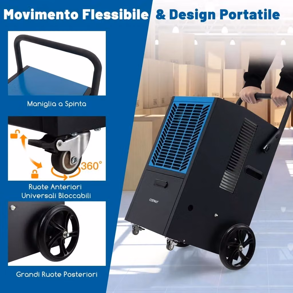 Deumidificatore commerciale Costway da 66 L/giorno con pompa e tubo di drenaggio, timer 24h e 4 ruote, Blu e Bianco – 2