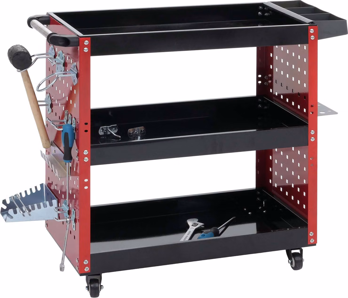 Carrello portautensili MCW-M26, carrello da officina, ruote e maniglia, 3 ripiani con griglia forata, acciaio 73x90x35 cm, rosso