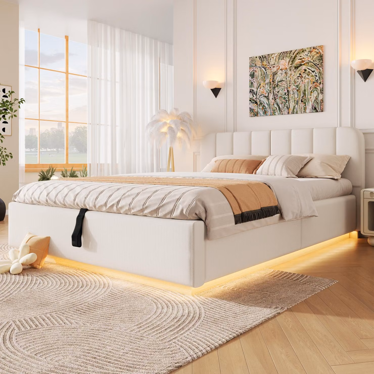 Letto matrimoniale idraulico imbottito 140x200 cm, rivestito in ecopelle, con contenitore a sollevamento idraulico, letto per ragazzi con rete a doghe, in tessuto tipo ciniglia, color beige