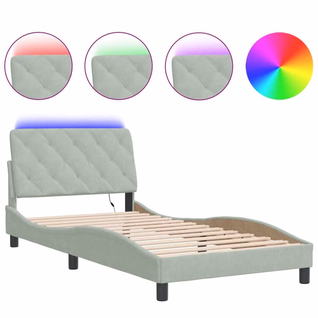 Giroletto con LED senza Materasso Grigio Chiaro 100x200 cm in Velluto