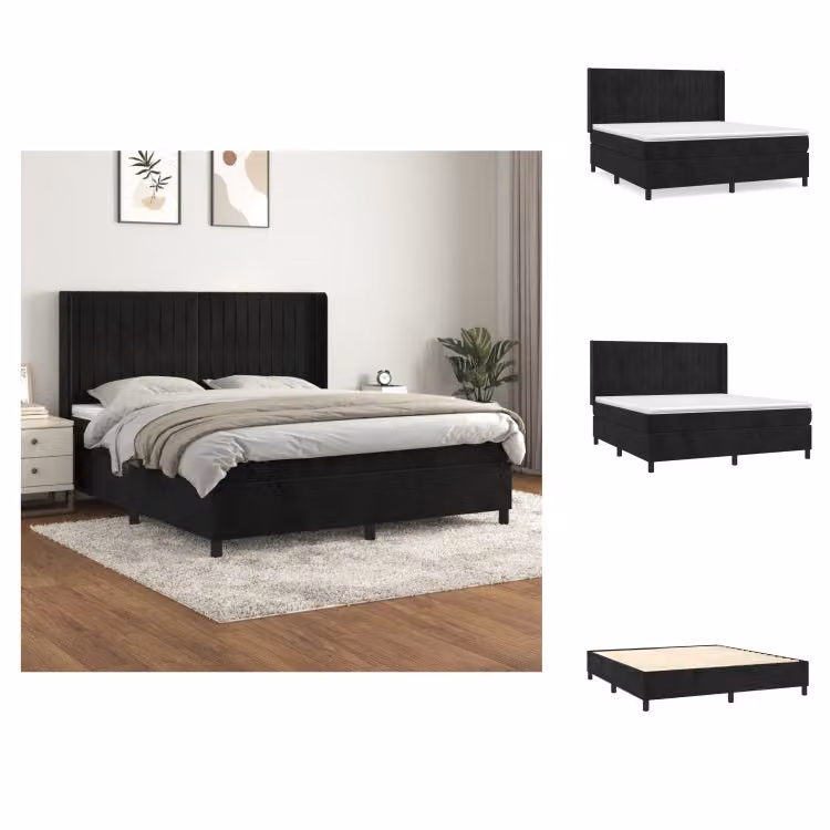 vidaXL Letto a molle con materasso nero 160x200 cm in velluto - Letti & Reti