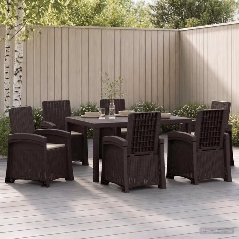 Set da pranzo per giardino e terrazzo vidaXL in rattan marrone e beige, 7 pezzi