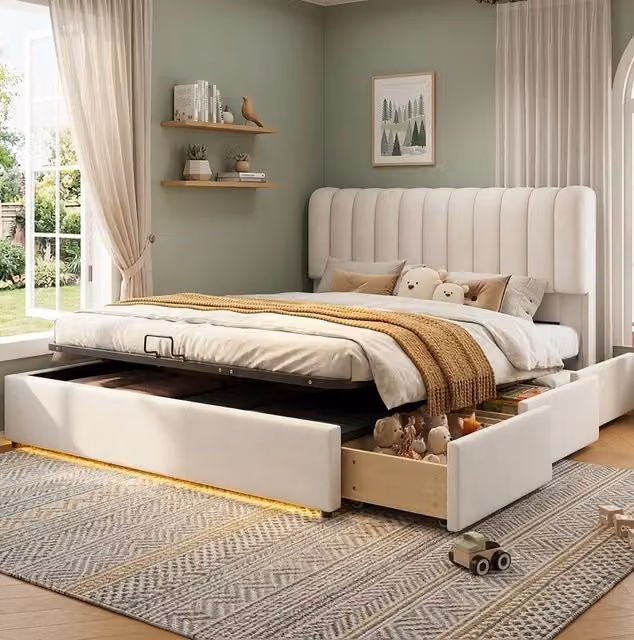 Letto contenitore per bambini con meccanismo a gas, 3 cassetti, luci LED e rivestimento in velluto beige, 140x200 cm