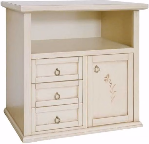 Porta TV Mobili 2G in legno stile shabby chic color bianco e beige con 1 anta e 3 cassetti L: 84 cm, P: 40 cm, H: 80 cm