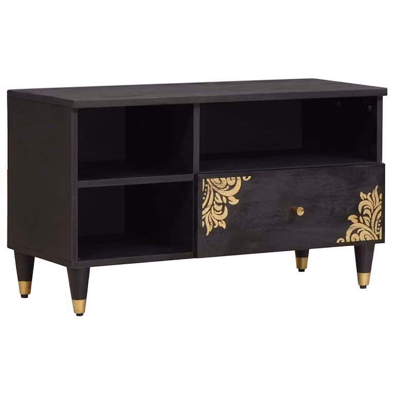 Mobile TV vidaXL in legno di mango massello, Nero e Oro, L 80 cm x P 33 cm x H 46 cm