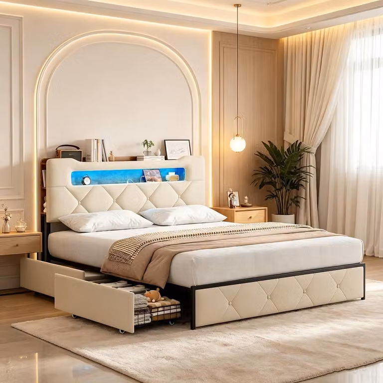 Letto matrimoniale 160 x 200 cm con LED e USB, imbottito con 4 cassetti, letto imbottito con ampio spazio contenitivo, struttura del letto, letto per ragazzi, color beige