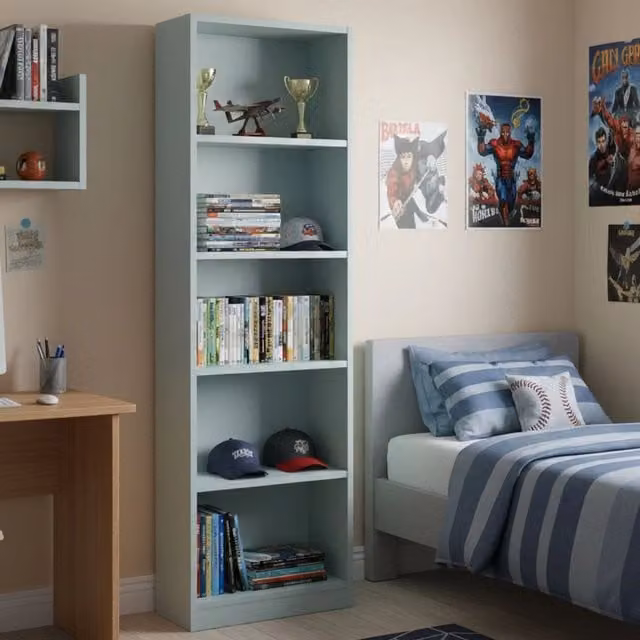 Libreria Artico DMORA, Mobile portalibri moderno con 5 ripiani, Verde acqua, L: 52 cm, P: 25 cm, H: 80 cm