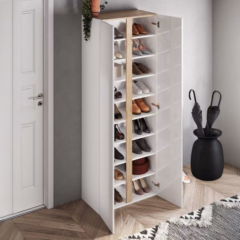 Dmora Armadio Multiuso 2 Ante Gradoli 70x185h cm Bianco Lucido, 8 Ripiani Cassetti