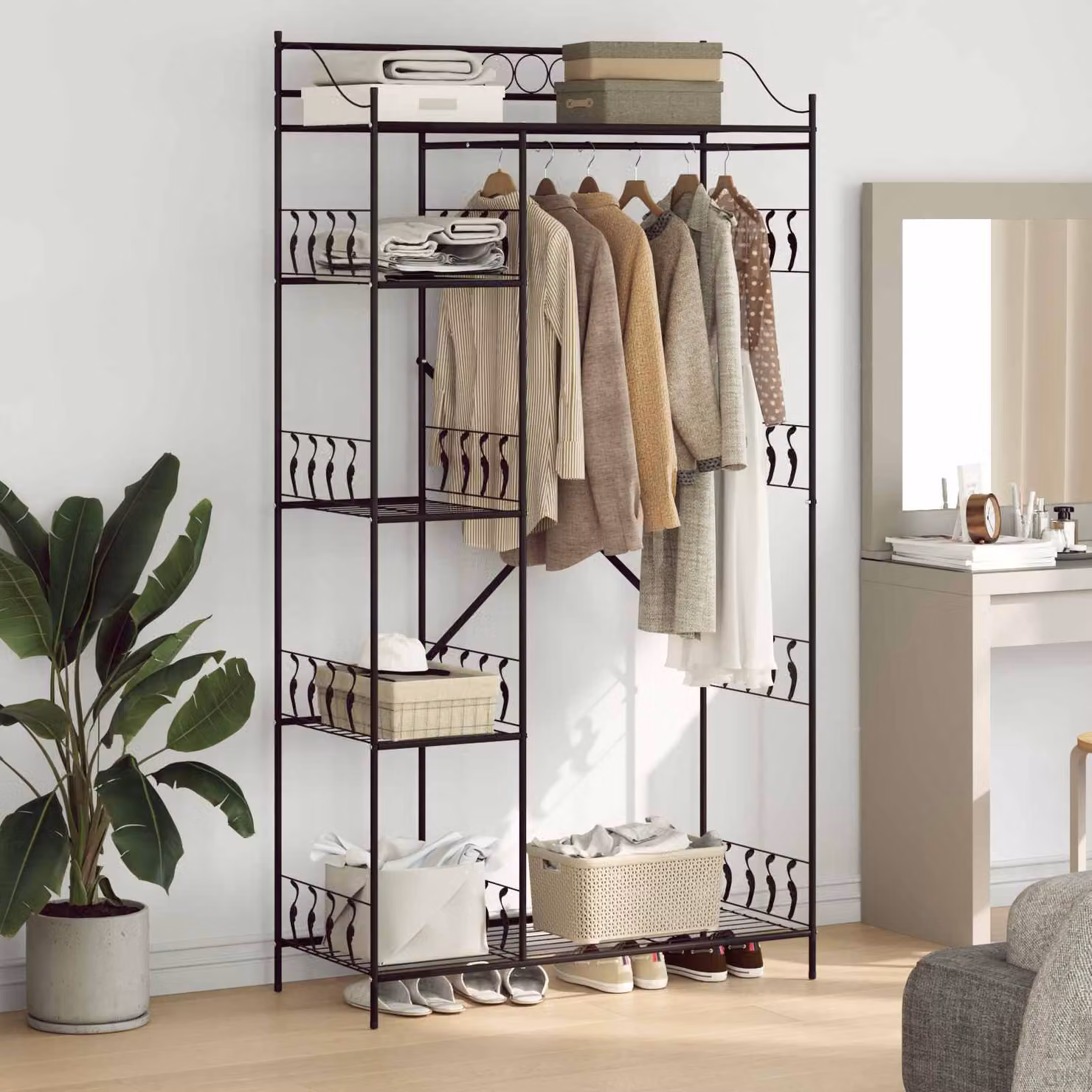 Armadio Aperto Moderno vidaXL in Metallo Nero con Ripiani e Appendiabiti L: 101 cm, P: 43 cm, H: 188 cm