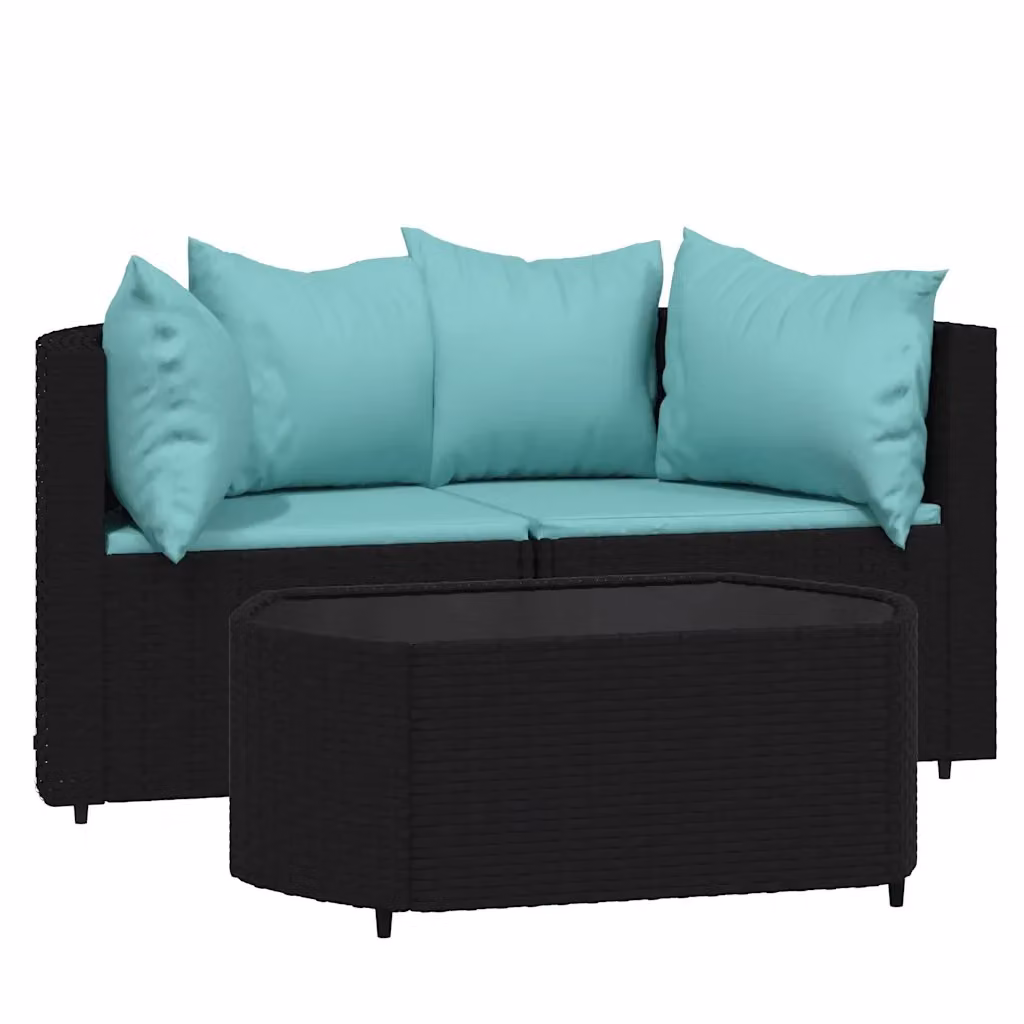 Set da giardino moderno vidaXL composto da divano angolare, elemento d'angolo e tavolino da esterno con cuscini in tessuto blu e struttura in metallo nero – 2