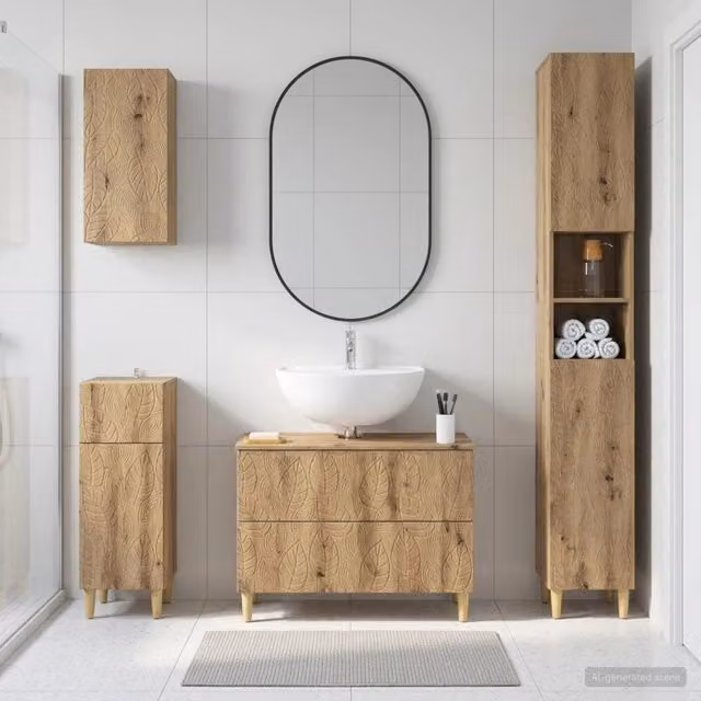 Set di mobili da bagno moderno vidaXL in legno di rovere marrone con mobile lavabo e pensile a parete – 1