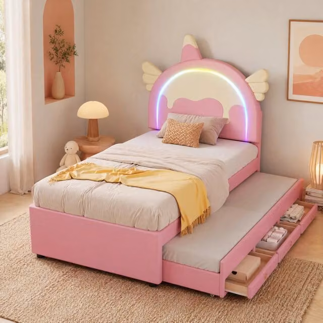 Letto singolo per bambini unicorno rosa 90x200 cm in PU e MDF con letto estraibile