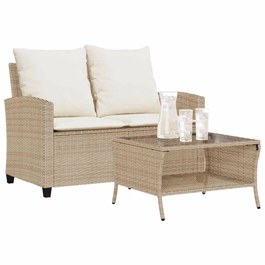 Set da giardino vidaXL composto da divano a 2 posti con cuscini e tavolino da caffè in rattan beige e struttura in metallo