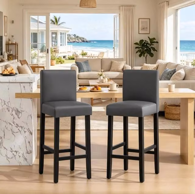 Set di 2 Sgabelli da Bar con Schienale in Legno e Rivestimento in Ecopelle 41x37,5x110 cm Nero e Grigio