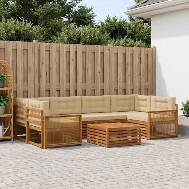 Set di divani da esterno vidaXL in legno di acacia con tavolino da giardino, 7 pezzi, Beige e Sabbia