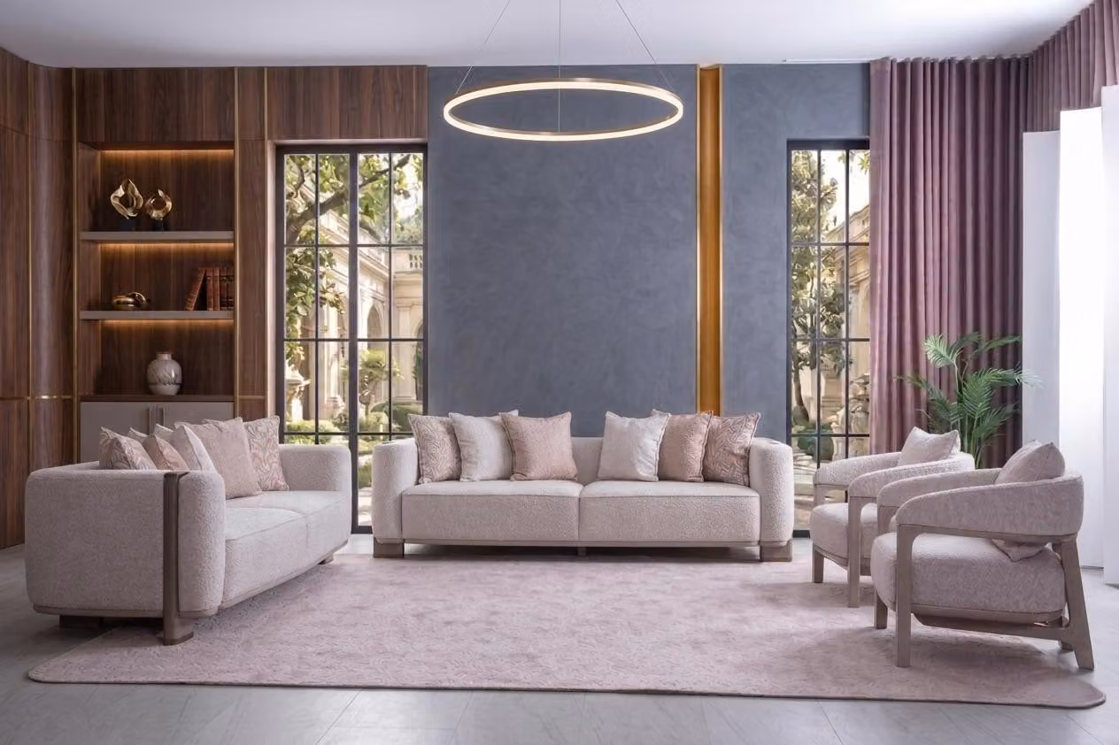 Set soggiorno: divano, poltrona, tavolino. Stile moderno, elegante, colore bianco. Ideale per un ambiente accogliente