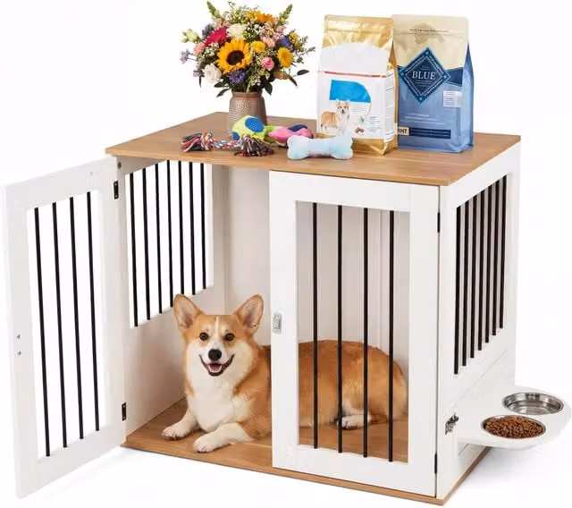 Kennel cane da interno moderno con 2 ciotole girevoli e chiusura di sicurezza, gabbia per cani piccoli e medi in legno e metallo con base antiscivolo – 1