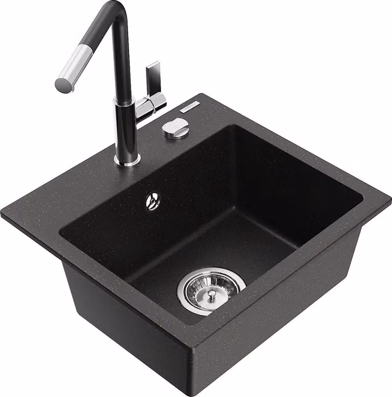 Mexen Milo lavello in granito con 1 vasca e miscelatore da cucina Flora, nero/oro metallizzato - 6505-75-670401-07