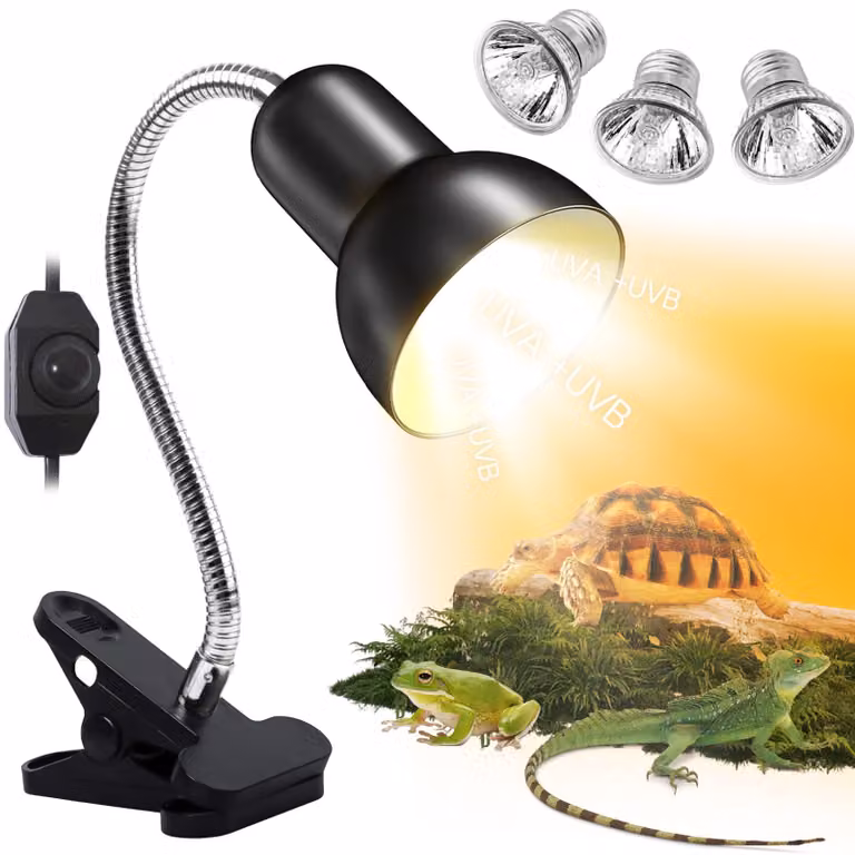 Lampada riscaldante per rettili con 3 lampade UVA/UVB, potenze di 25 W e 50 W, e morsetto girevole a 360 gradi