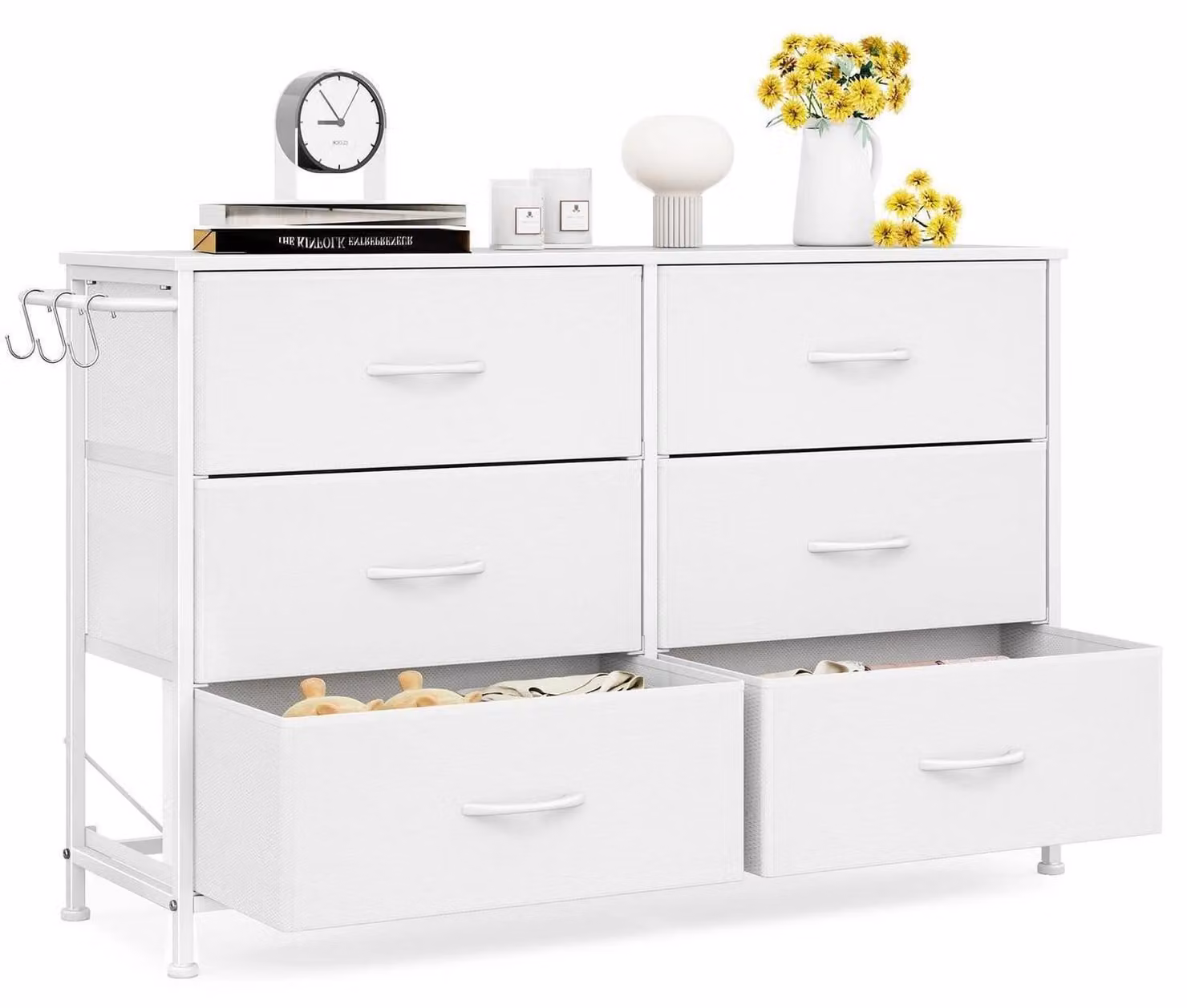 Comodino con 6 cassetti rivestiti in tessuto, colore bianco, dimensioni 100x30x65 cm