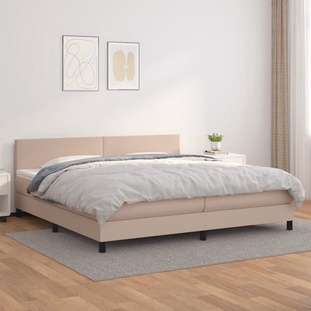Letto con boxspring e materasso, colore cappuccino, dimensioni 200x200 cm, rivestito in ecopelle