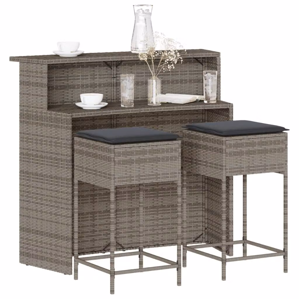 Set Bar da Giardino vidaXL in Polyrattan Grigio con 3 Cuscini