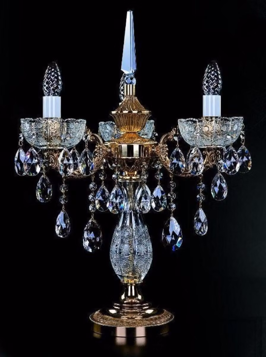 Casa Padrino lampada da tavolo barocca in cristallo oro Ø 45 x H. 59 cm - Magnifica lampada da tavolo in ottone con vetro in cristallo bohémien - Lampade barocche in cristallo