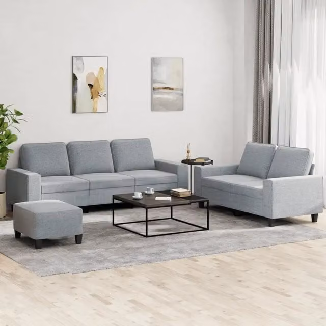Set di divani 3 pezzi vidaXL in tessuto grigio con pouf e cuscini per soggiorno in stile moderno