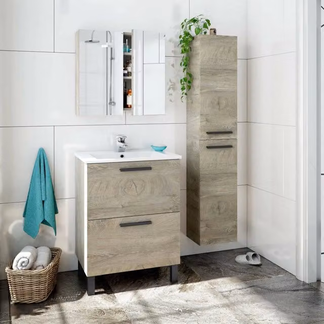Set Mobili Bagno Moderno DMORA Somaglia in Rovere Marrone con Mobile Lavabo, Colonna e Specchio