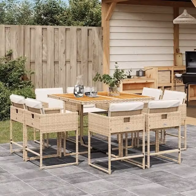 Set da Pranzo da Giardino 9 pz con Cuscini Beige in Polyrattan 3278151