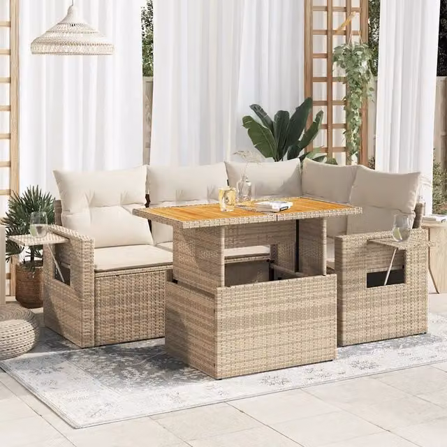 Set Divano da Giardino 5 pz con Cuscini Beige in Polyrattan 3327145
