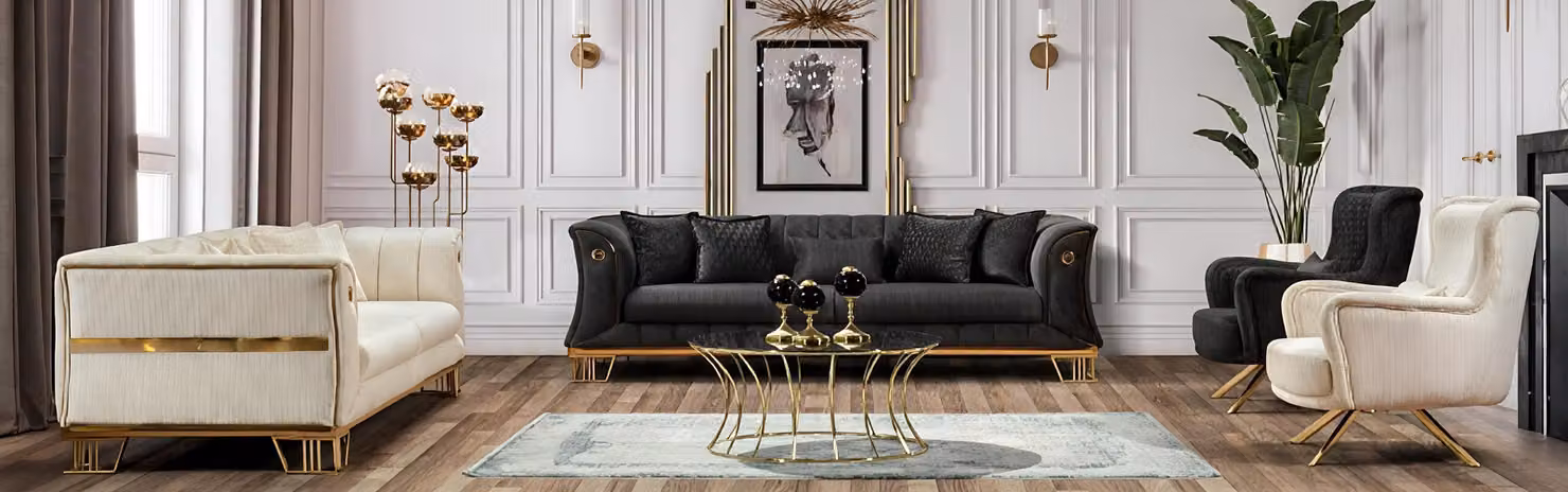 Schwarz-Weiße Sofagarnitur Designer Polstercouch Textilsessel 3tlg