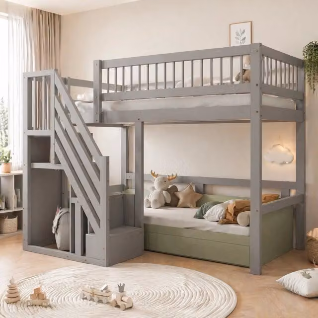Letto singolo 90 x 200 cm con scala contenitore; legno; grigio