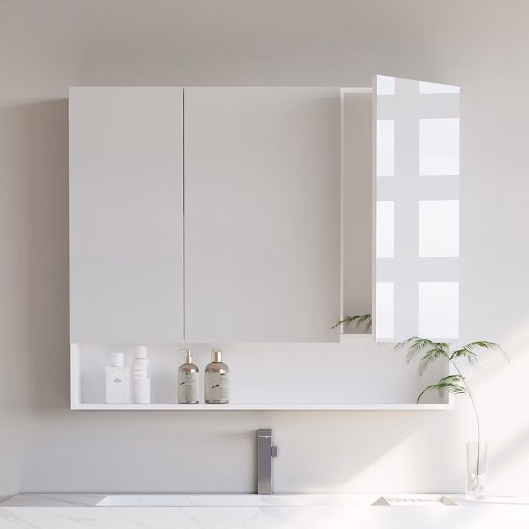 Mobiletto da bagno con 3 ante e specchio – Pannello di particelle di legno – Bianco – 16,5 x 90 x 75 cm