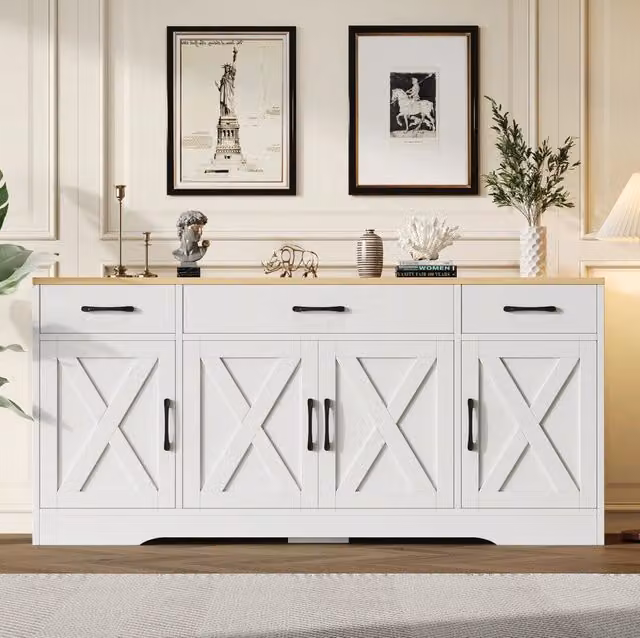 Credenza 160.0x37.0x75.0 cm con 3 cassetti e 4 ante in MDF bianco