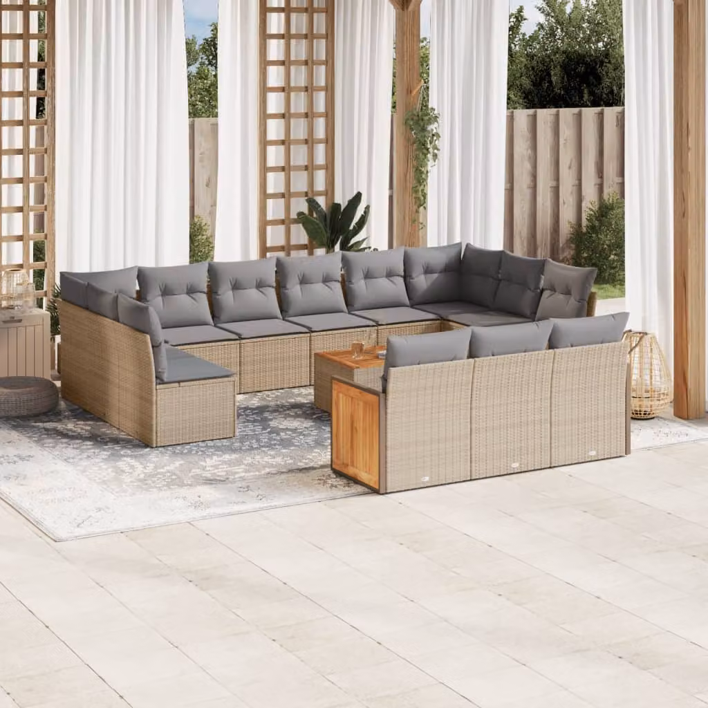 Set di Divani da Giardino a Forma di U vidaXL con Tavolino e Cuscini Beige e Grigio in Polyrattan e Legno di Acacia – 1