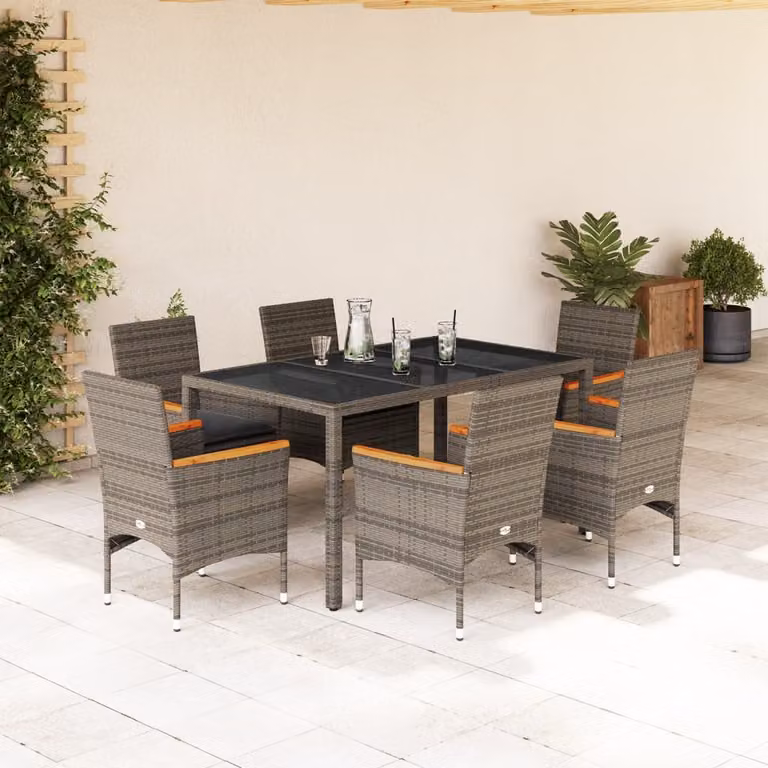 vidaXL Set da Pranzo da Giardino 7 pz in Polyrattan e Legno di Acacia con Vetro e Cuscini Grigio