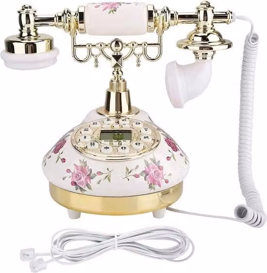 Telefonino da scrivania antico con display LCD e cornice in ceramica, stile vintage per ufficio domestico.