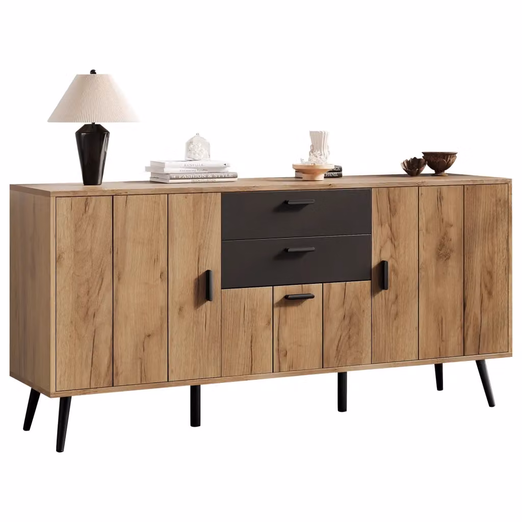 Credenza moderna Chicfurn con 2 cassetti soft-close e 3 ante per soggiorno e sala da pranzo, finitura opaca nero e marrone, L 140 x P 35 x H 67 cm – 2