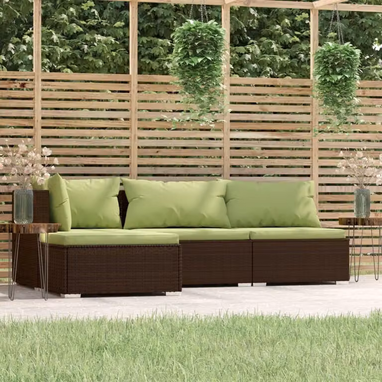 The Living Store Set salotto da giardino 4 pezzi con cuscini in poly rattan marrone