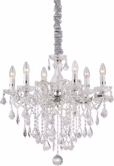 Lampadario a sospensione classico Ideal Lux Florian in metallo e cristallo con 6 luci E14, disponibile in finitura cromo o oro/ottone con cristalli trasparenti