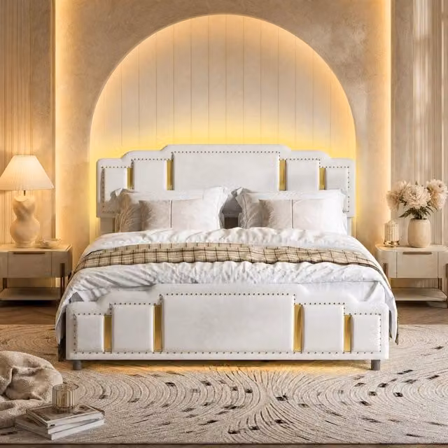 Letto imbottito 140 x 200 cm in velluto beige con LED, 4 cassetti e finiture oro