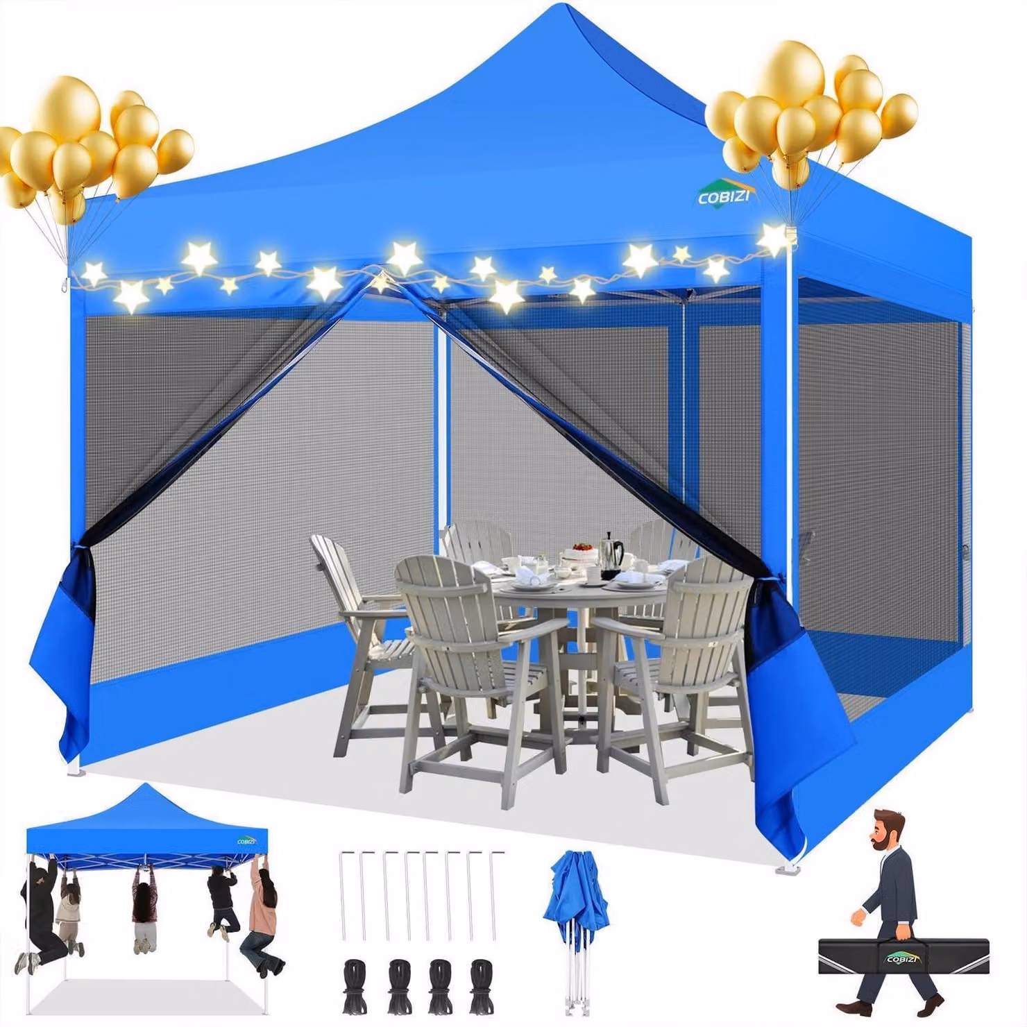 Gazebo da esterno 3x3 metri, colore blu, impermeabile, con protezione UV, dotato di 4 pareti laterali in rete, con altezza regolabile