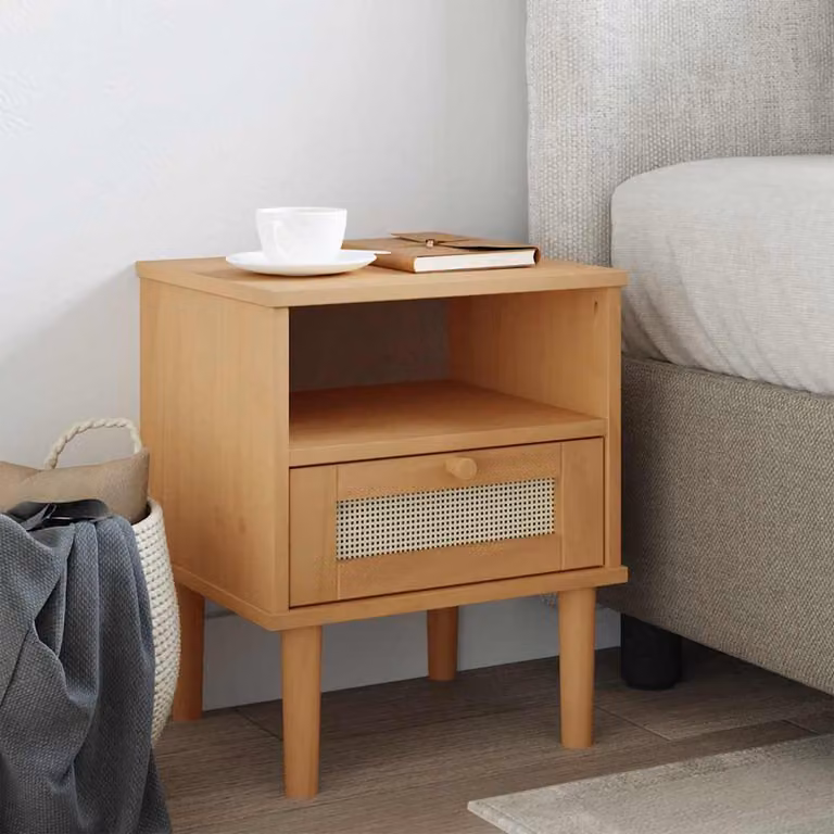 Comodino vidaXL SENJA in legno di pino con aspetto rattan marrone L: 40 cm, P: 35 cm, H: 48 cm