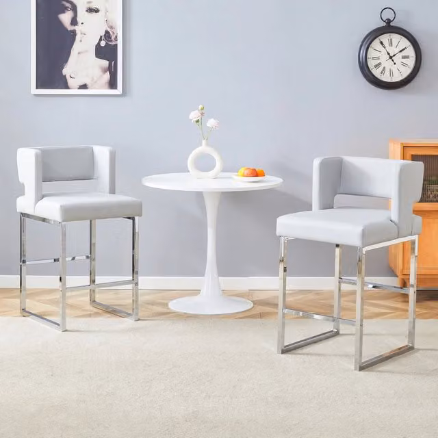 Sgabello da bar OKWISH in stile scandinavo con seduta imbottita e gambe in metallo, grigio e argento, L: 61 cm, P: 60,5 cm, H: 91,4 cm