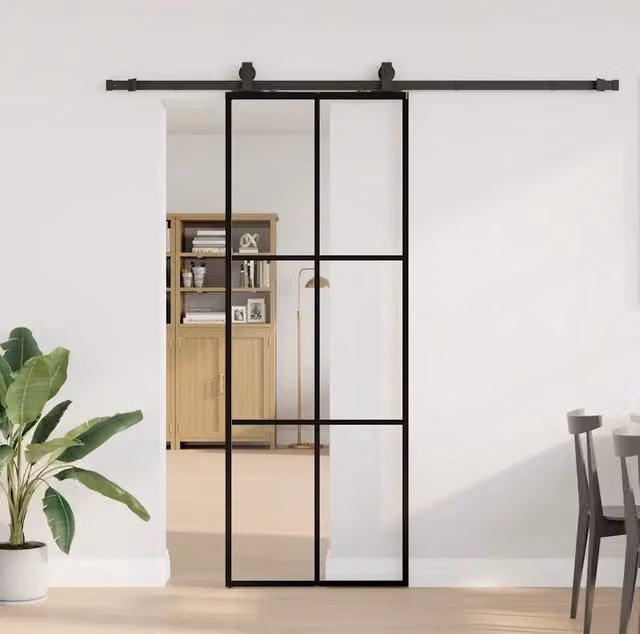Porta Scorrevole Moderna vidaXL in Vetro Trasparente con Telaio in Alluminio e Ferramenta Nera L: 76 cm, H: 205 cm – 1
